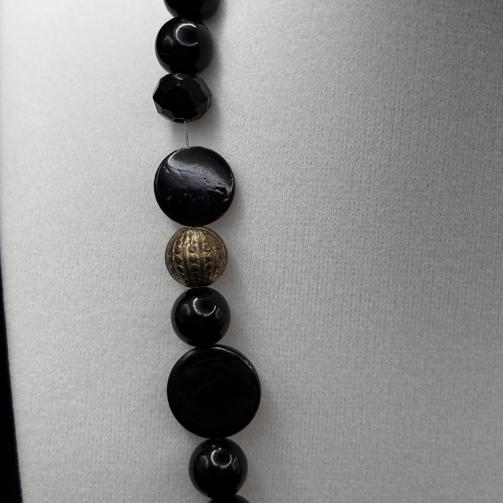 Vintage Gold Black Chunky Necklace Hammered Pendant Resin Crystal Beaded Jules - Picture 9 of 12
